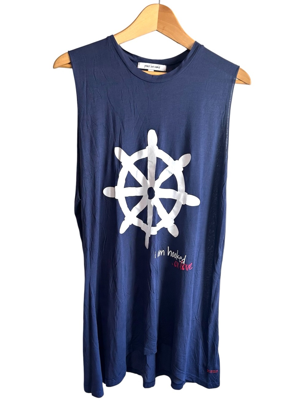 OVERSIZED Peace Love World Navy Tank or Swim Cover Love Wheel Graphic *Has Flaw!